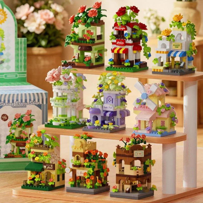 MOC Windmill Cottage Micro Building Blocks Kit Wooden House Hut Log Cabin Florist Flower Shop Bricks Toys for kids Gift