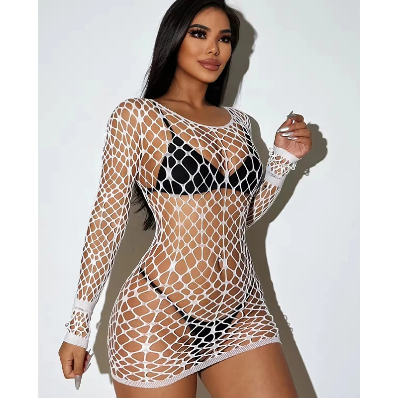 

Женское пляжное платье-накидка из прозрачной сетки с длинными рукавами, сексуальное прозрачное платье-сетка, облегающее, для летних пляжных вечеринок