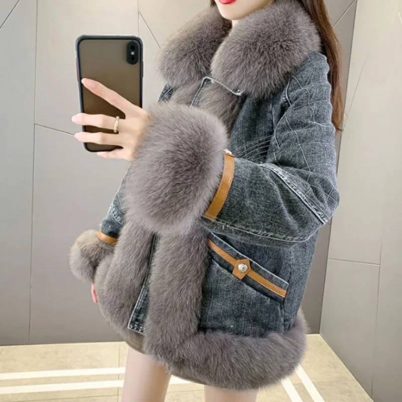 Fried Street Jeans Jackets Women Overcoat 2023 New Winter New Middle Long Thick Warm Jeans Goose Down Jacket Fox Fur Collar Coat