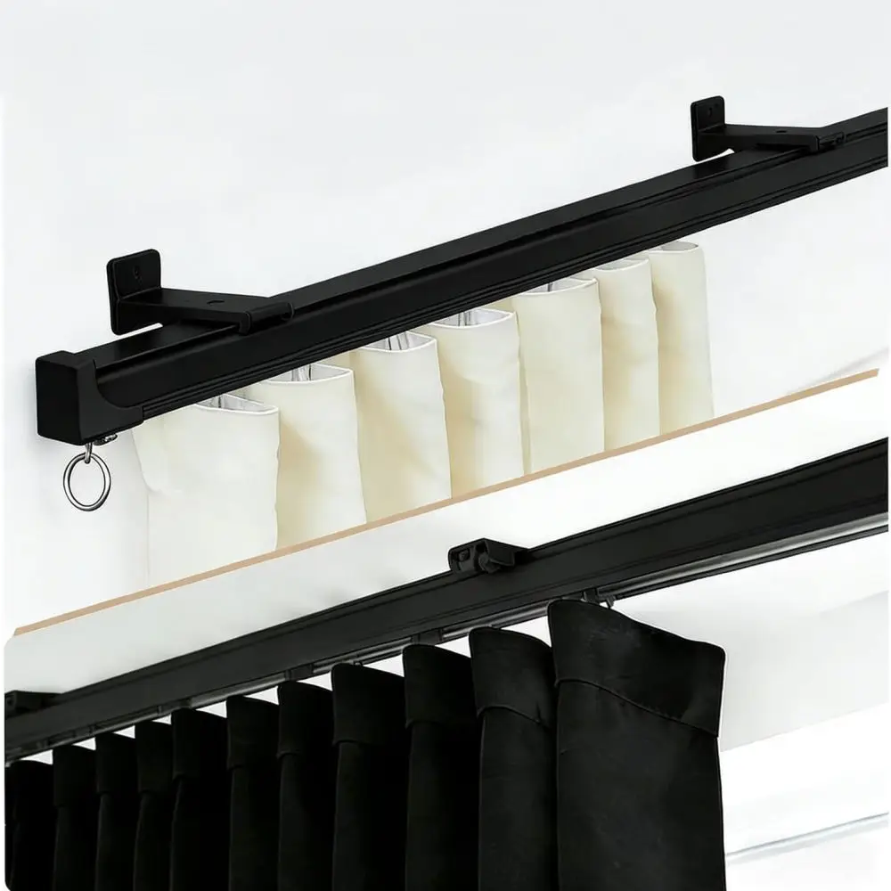 Black Metal Curtain Rail Fittings Set Track Runners Gliders Brackets Hardware Complete Kit For Home Window Decorating