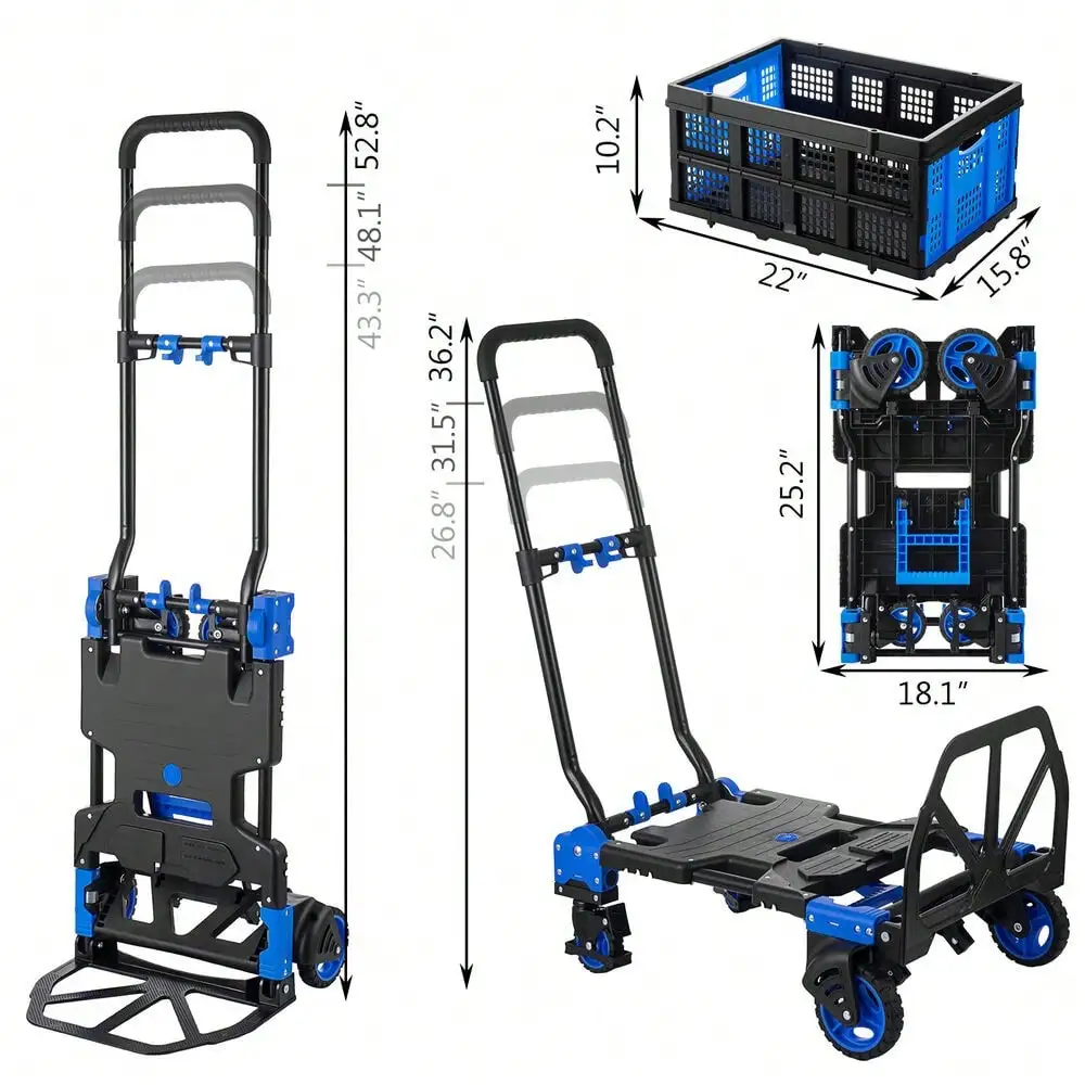New Collection 2 in 1 Folding Hand Truck with Folding Basket Telescoping Handle & Rubber Wheels