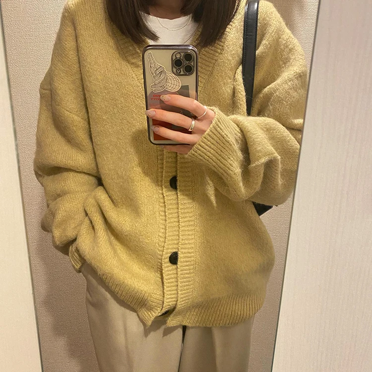 Pull japonais à col en V pour femme, cardigan en tricot simple, haut classique, veste mince, gris décontracté, automne et hiver