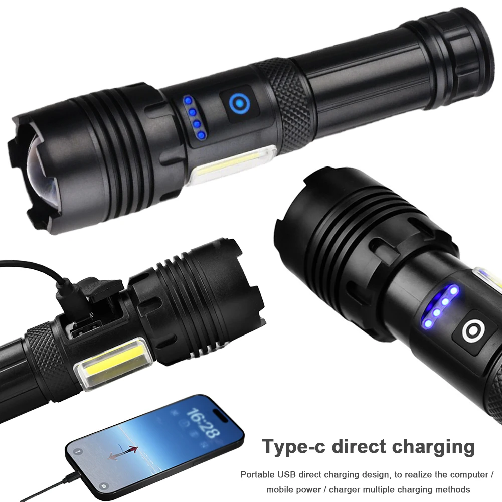High Power LED Flashlight USB Rechargeable 3 Modes Outdoor Camping Lantern White Lasers Flashlight for Outdoor Fishing Adventure
