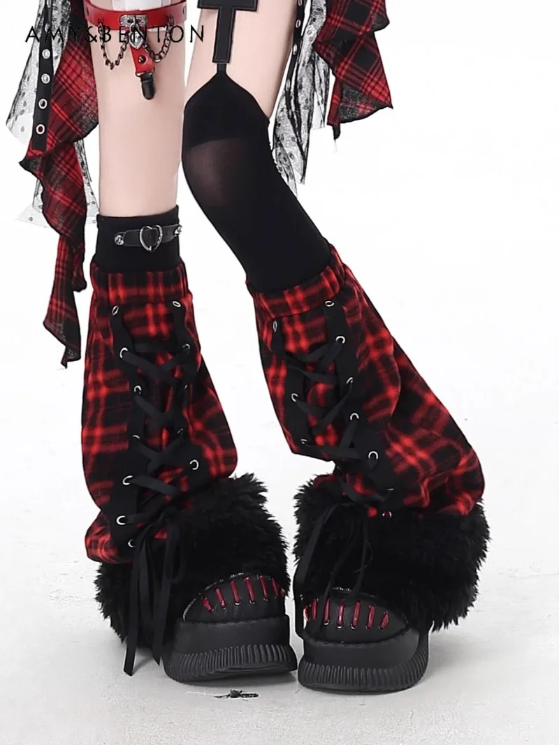 

Harajuku Style Sweet Cool Plaid Patchwork Plush Leg Warmers Subculture Gothic Y2K Leg Warmers Women Japanese Versatile Socks