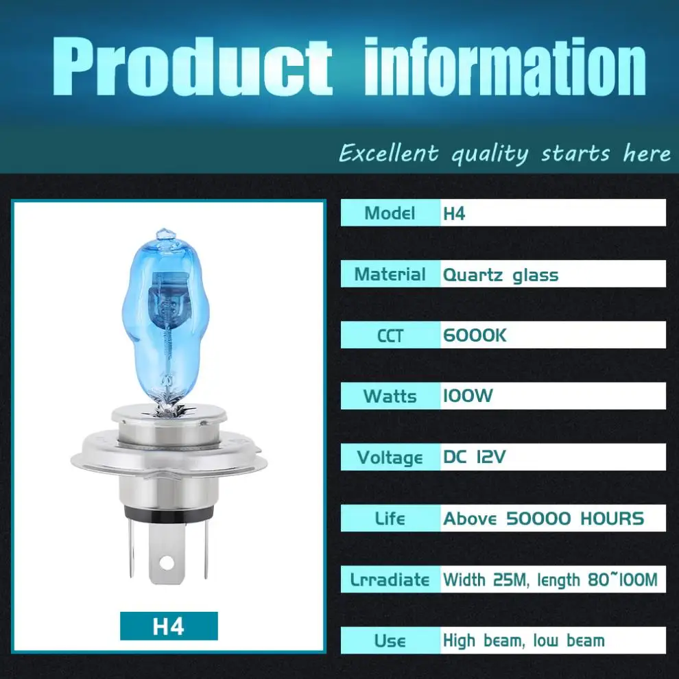 2 шт., 4 шт., 8 шт., автомобильные галогенные лампы H4 100 Вт 6000 К лм