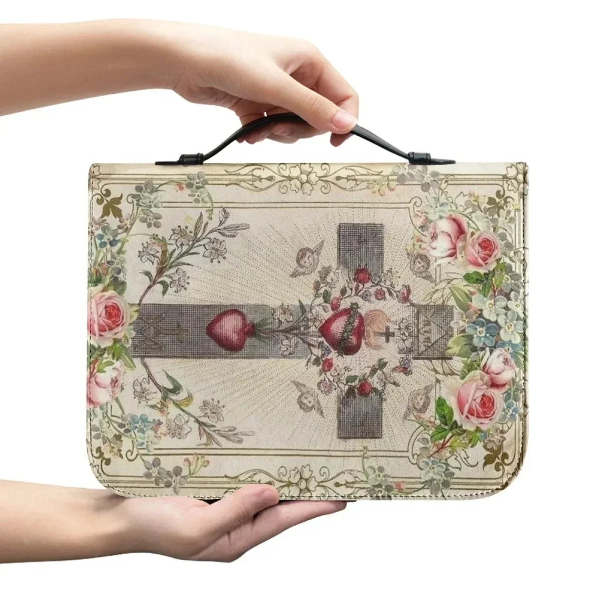 Cross Floral Design Bible Storage Bag Women Church Practical Bible Bag Leather Study Book Holy Storage Multiple Pockets Handbag