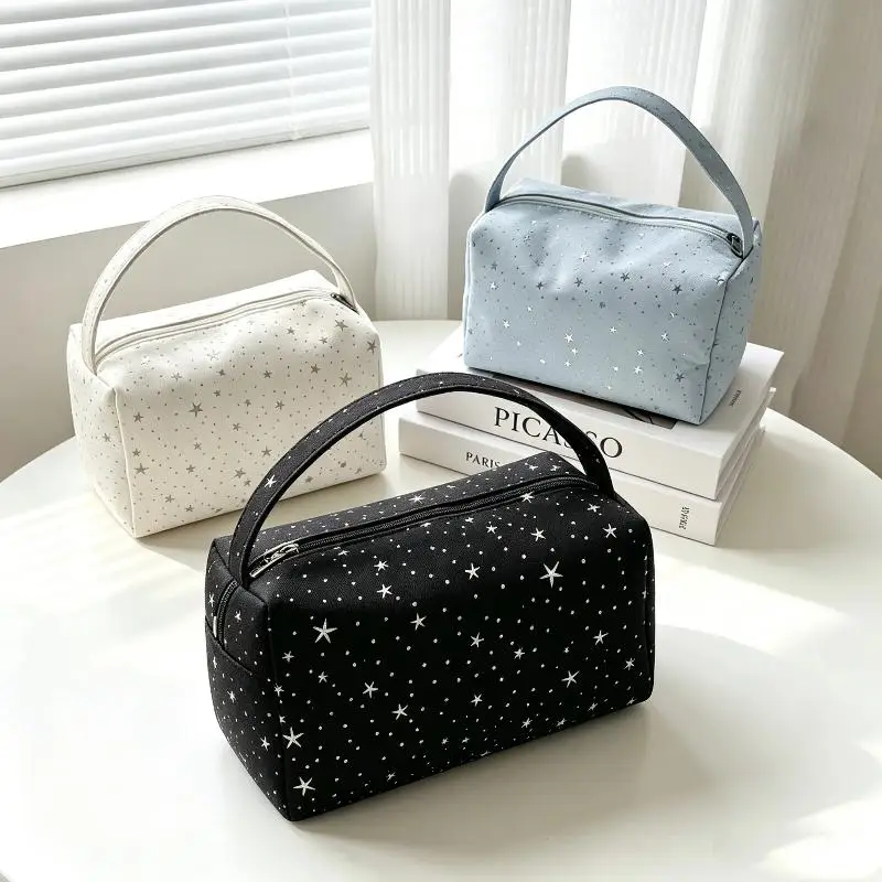 Large Capacity Nylon Makeup Bag Cute Star Pattern Portable Handle Cosmetic Storage Pouch For Travel Daily Use