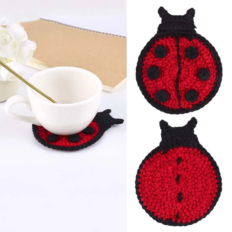 Cute Ladybug Coaster Tea Cup Mat Knitting Ladybird Coaster Nsulation Table Mats for Dining Table Tea Milk Mug Drink Cup Coasters