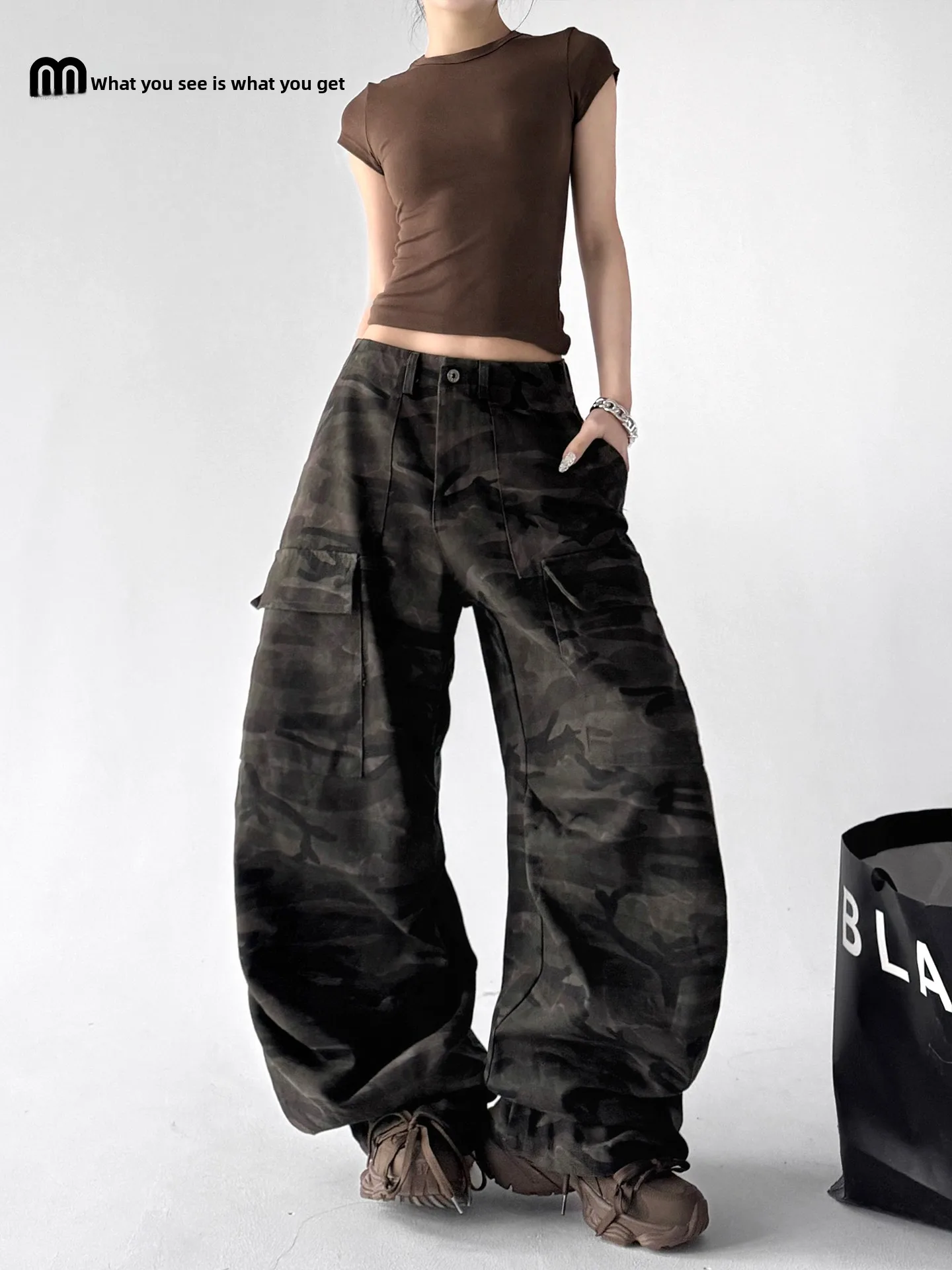 

American Retro Distressed Camouflage Work Pants High Waist Loose Straight Design Sense Paratrooper Wide Leg Pants Women
