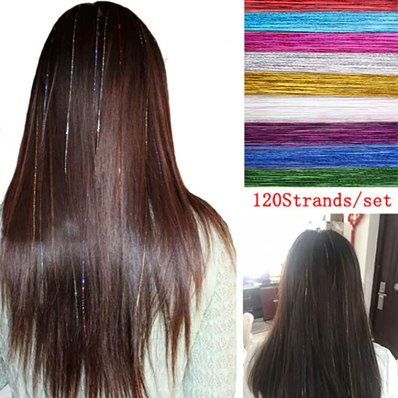 120 Strands Hair Tinsel Bling Silk Hair Flare Strands Glitter Rainbow Hair Decor