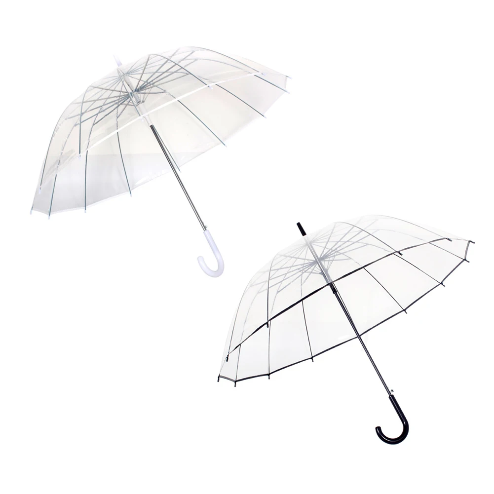 Long Handled Transparent Umbrella, Large Size J Stick Handle Clear Umbrella, 16 Ribs Auto Open Rainproof Umbrella