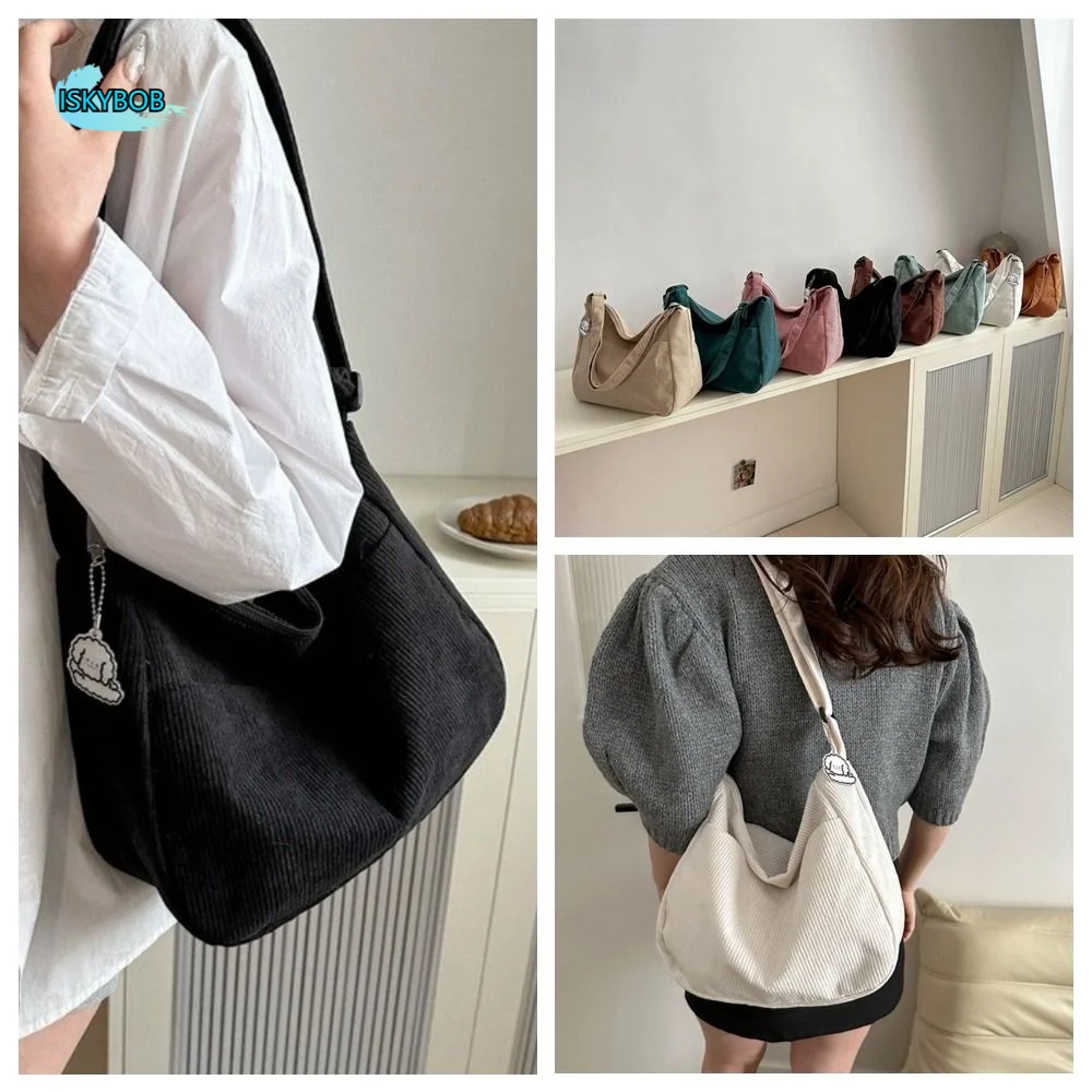 

Solid Color Corduroy Shoulder Bag Korean Style Large Capacity Crossbody Bag Handheld with Pendant Women Tote Bag Girls