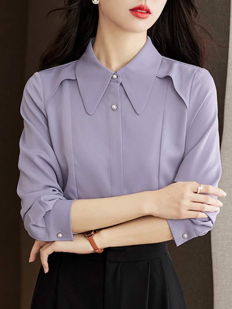 Autumn Casual Chiffon Shirt Women Office Lady Shirts Fashion Female Long Sleeve Loose Solid Color Blouse Tops