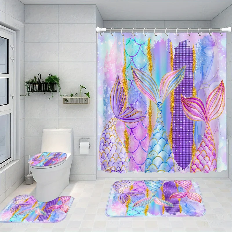 4PCs mermaid tails shower curtain set, waterproof shower curtain with 12 hooks, non-slip bathroom rug, toilet U-shape mat, toi