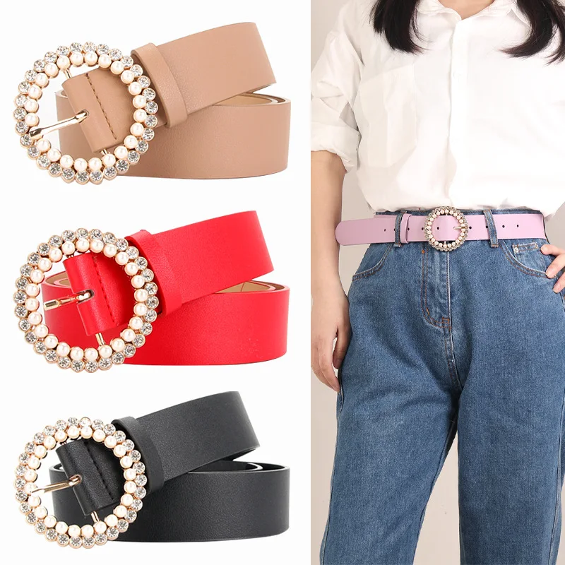 

Women's Buckle Head Inlaid Rhinestone Fashion Sweet Pearl Girls with Dress Decoration Belt Manufacturers
