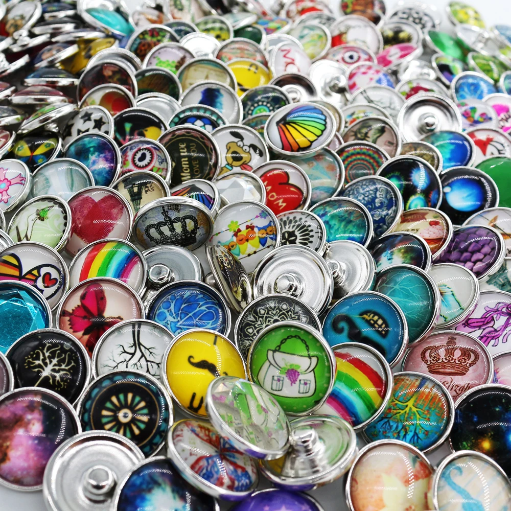 DIY Interchangeable Snap Buttons Jewelry Wholesale Mix Sales 50pcs/Bag Random 18mm Glass Snap Charms for Necklaces Bracelet Gift