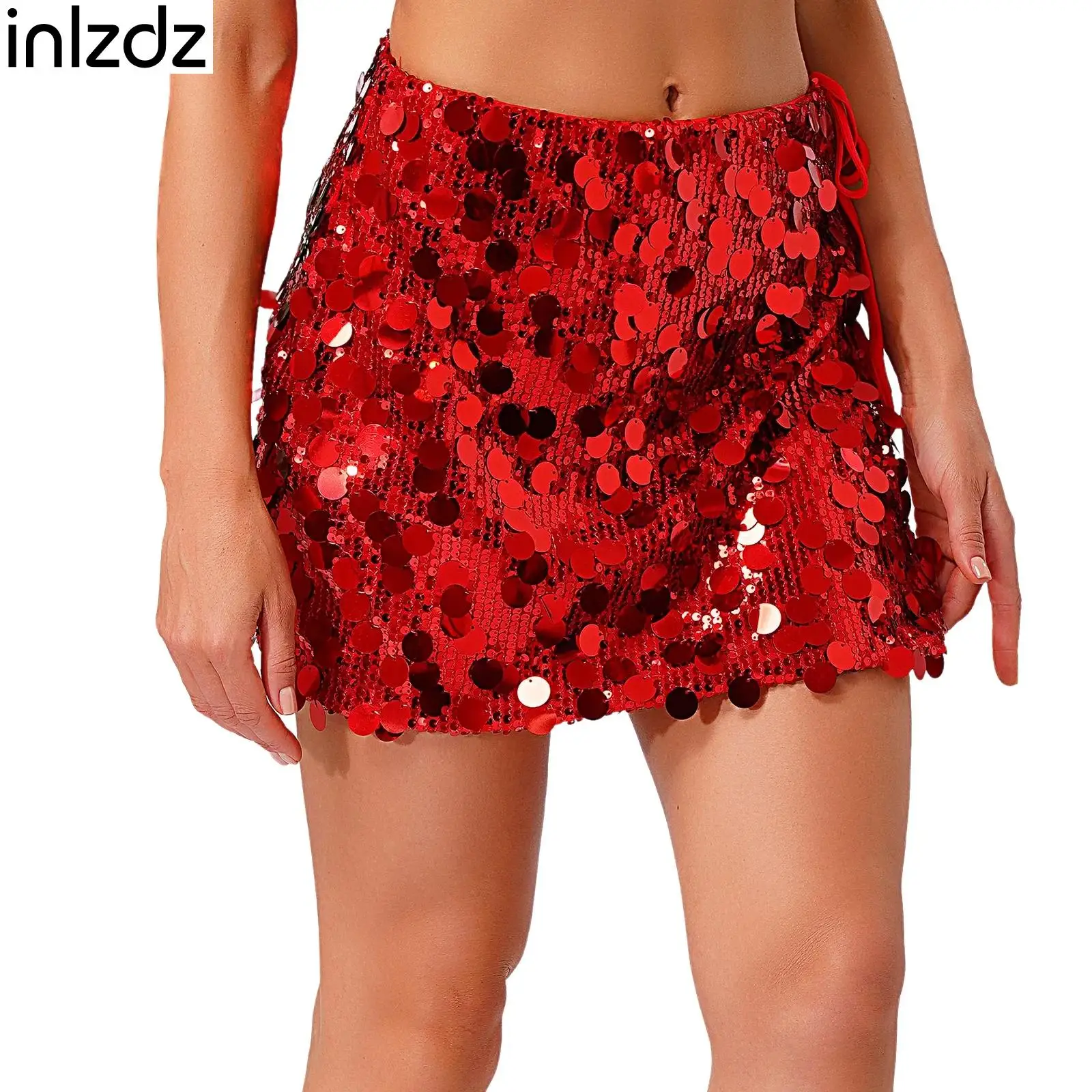 

Womens Sparkly Sequin Mini Skirt Sequined Mesh Fully Lined Side Slit Lace-up Bodycon Skirts Sexy Miniskirt Rave Party Clubwear