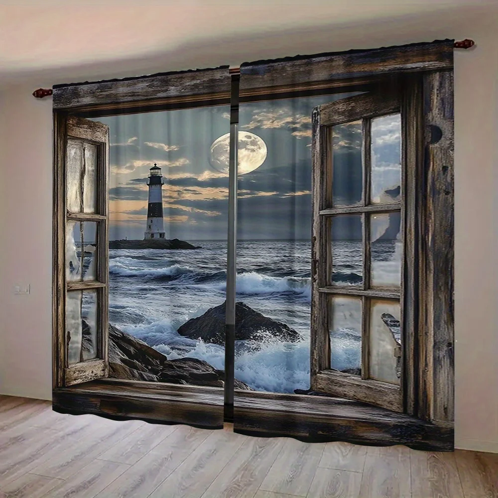 lighthouse moon window curtain for living room bedroom privacy and decor coastal style polyester fabric Suitable for all seasons
