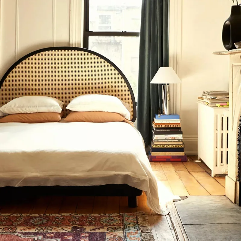 

Solid wood bed retro rattan bed household small apartment double wabi sandy wind 1.8 meters master