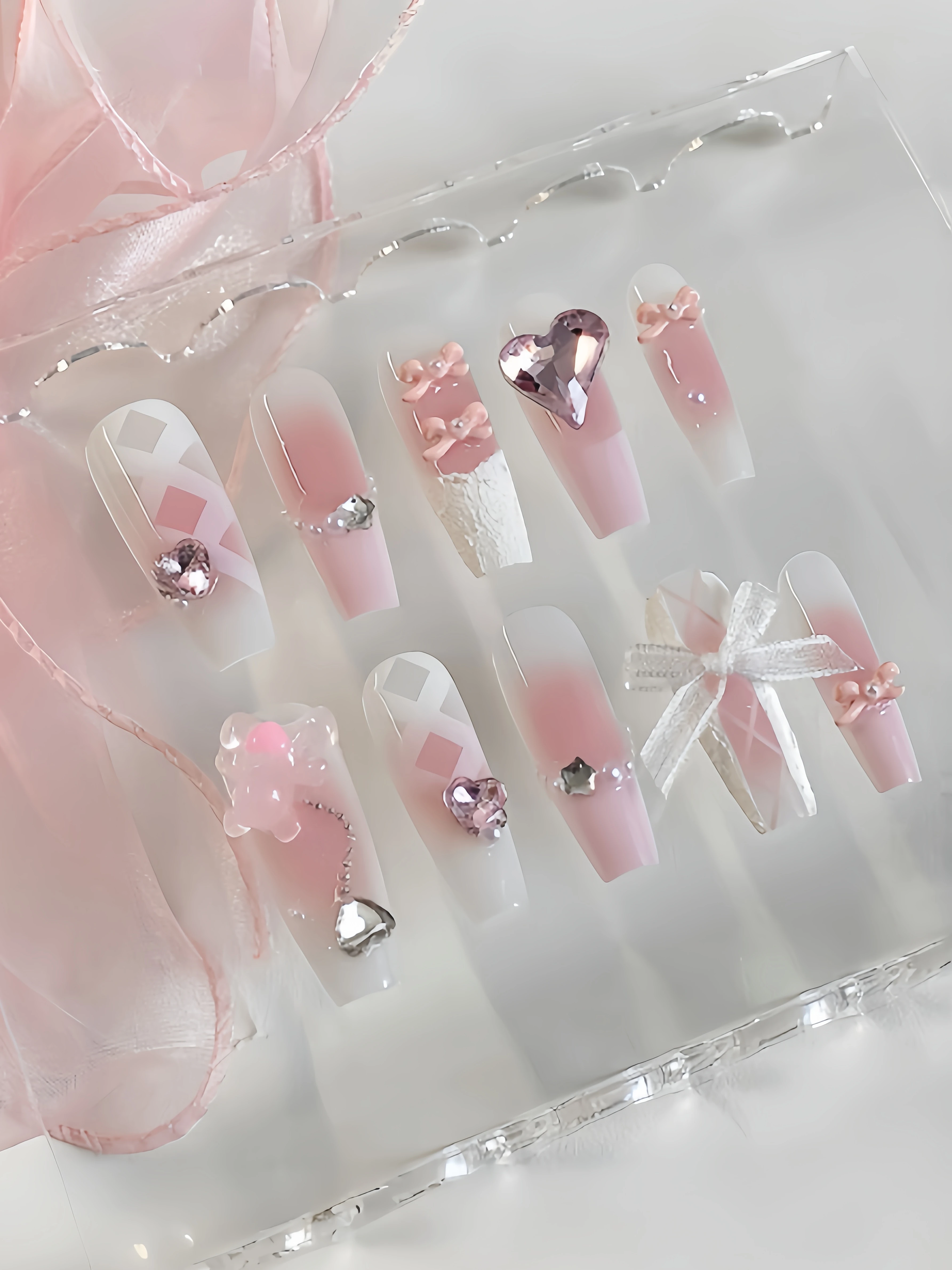 10-Piece Nail Set, Pink and White Gradient Ballet Style Press-On Nails, Gentle and Pure Beauty Nail Set, Bridesmaid Wedding Nail Art
