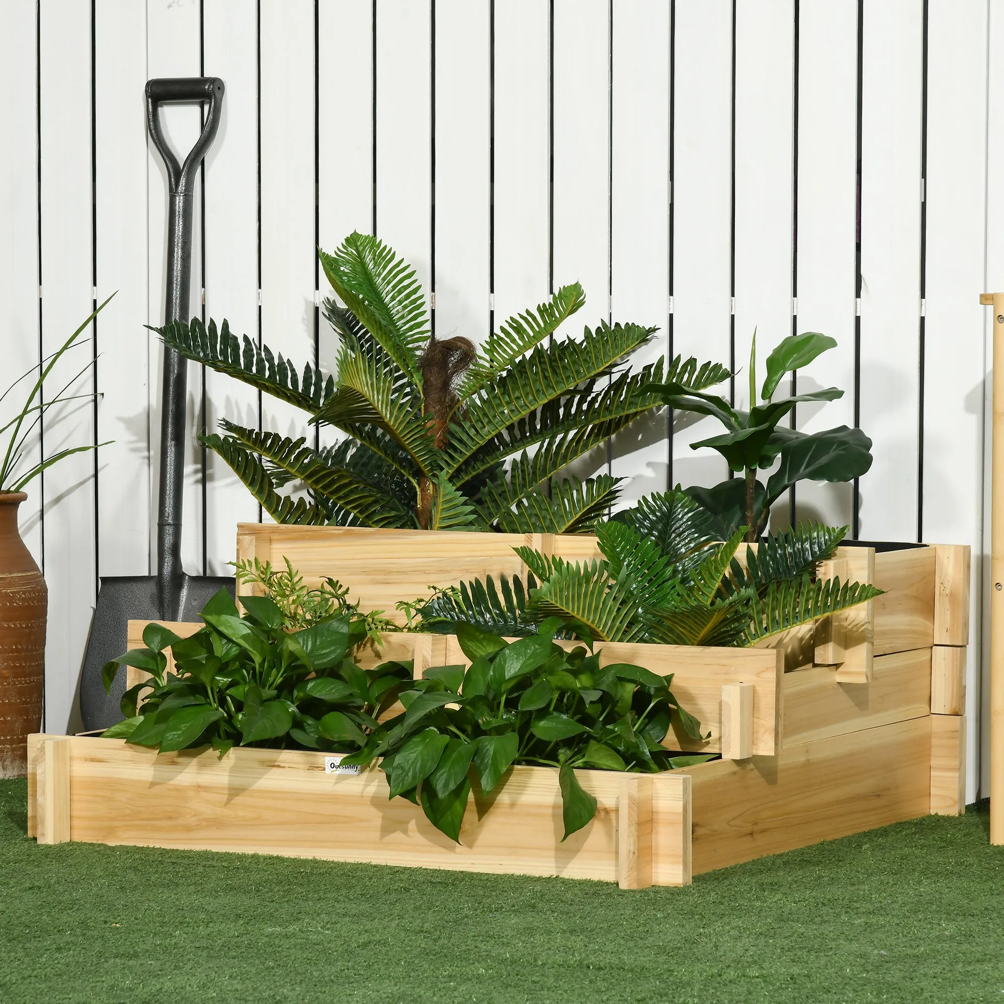 3 Tier Raised Garden Bed, Water Draining Fabric for Soil, Elevated Wood Flower Box for Vegetables, Herbs, Natural