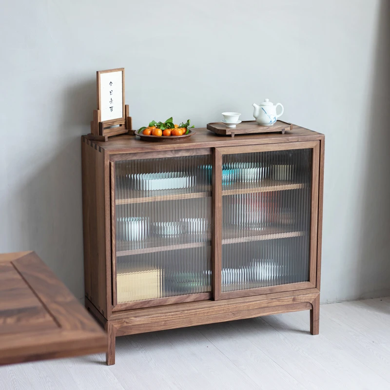 Black walnut sideboard, dining room, solid wood cupboard, Zen, new Chinese wine cabinet, porcelain cabinet, shelf, tea cabinet