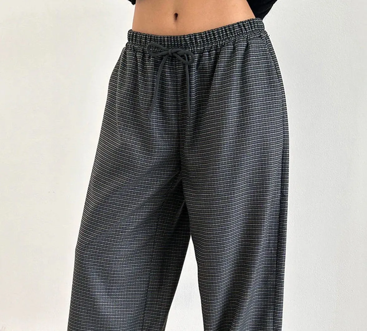 New Fashion Womens Plaid Print Wide Leg Pants Elastic Waist Oversized Street Pants Casual Trousers Hot Sale S M L