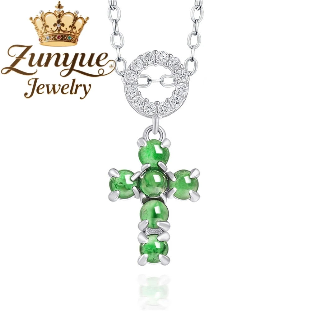 

S925 Silver Inlaid Natural A-Grade Jadeite Sunny Green Cross Frame Translucent Green Jade Pendant Fashionable And Simple Jewelry