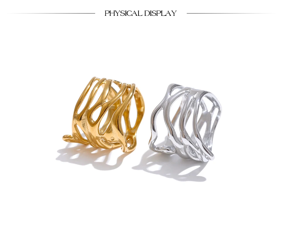 Yhpup # Trendiger 316L Edelstahl geschichteter hohler geometrischer breiter Ring Gold Silber Farbe 18K PVD plattiert Modeschmuck Geschenk – Detail 8