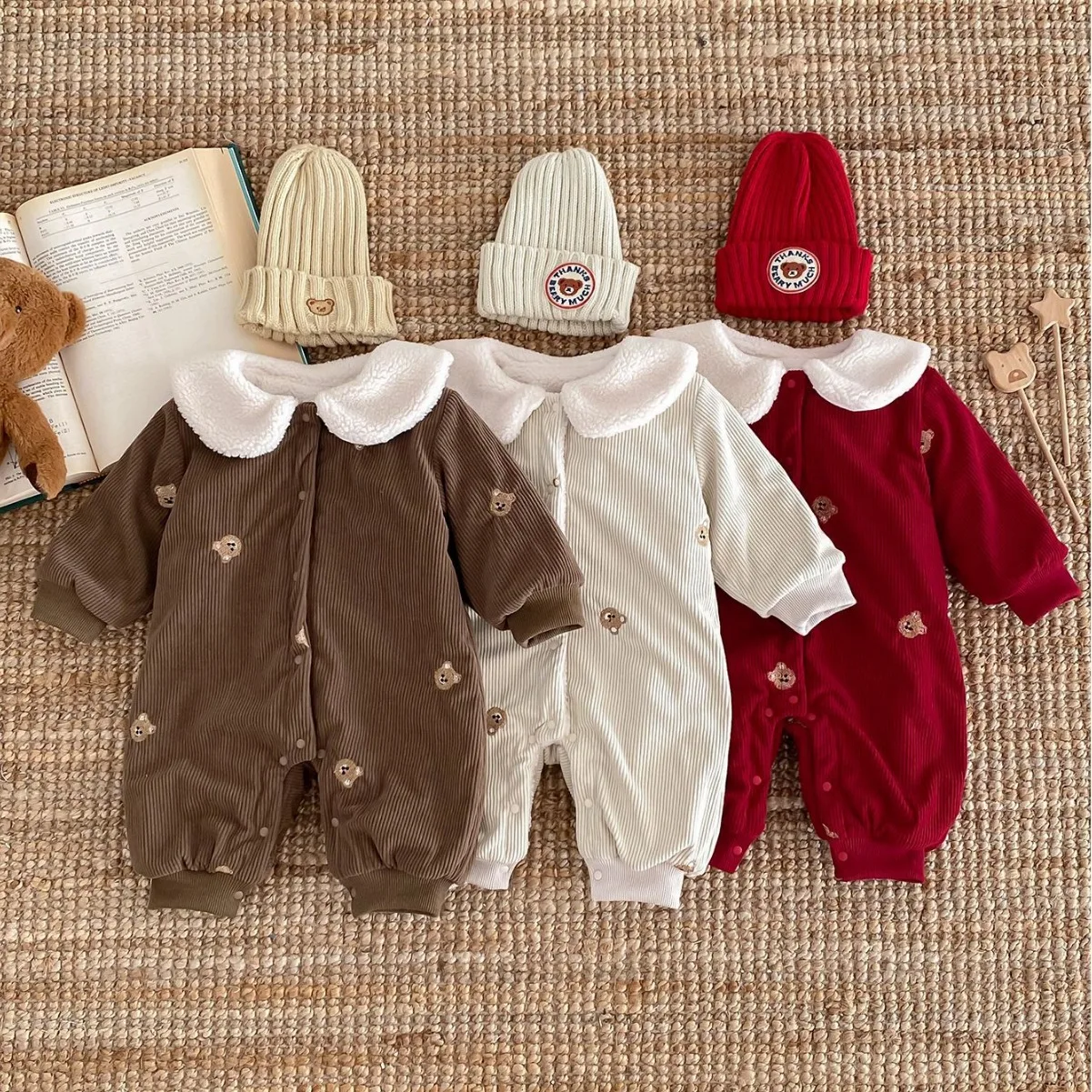 2024 Korean autumn winter baby girl romper newborn girl plush thickened bodysuit toddler girls Corduroy bear embroidery jumpsuit