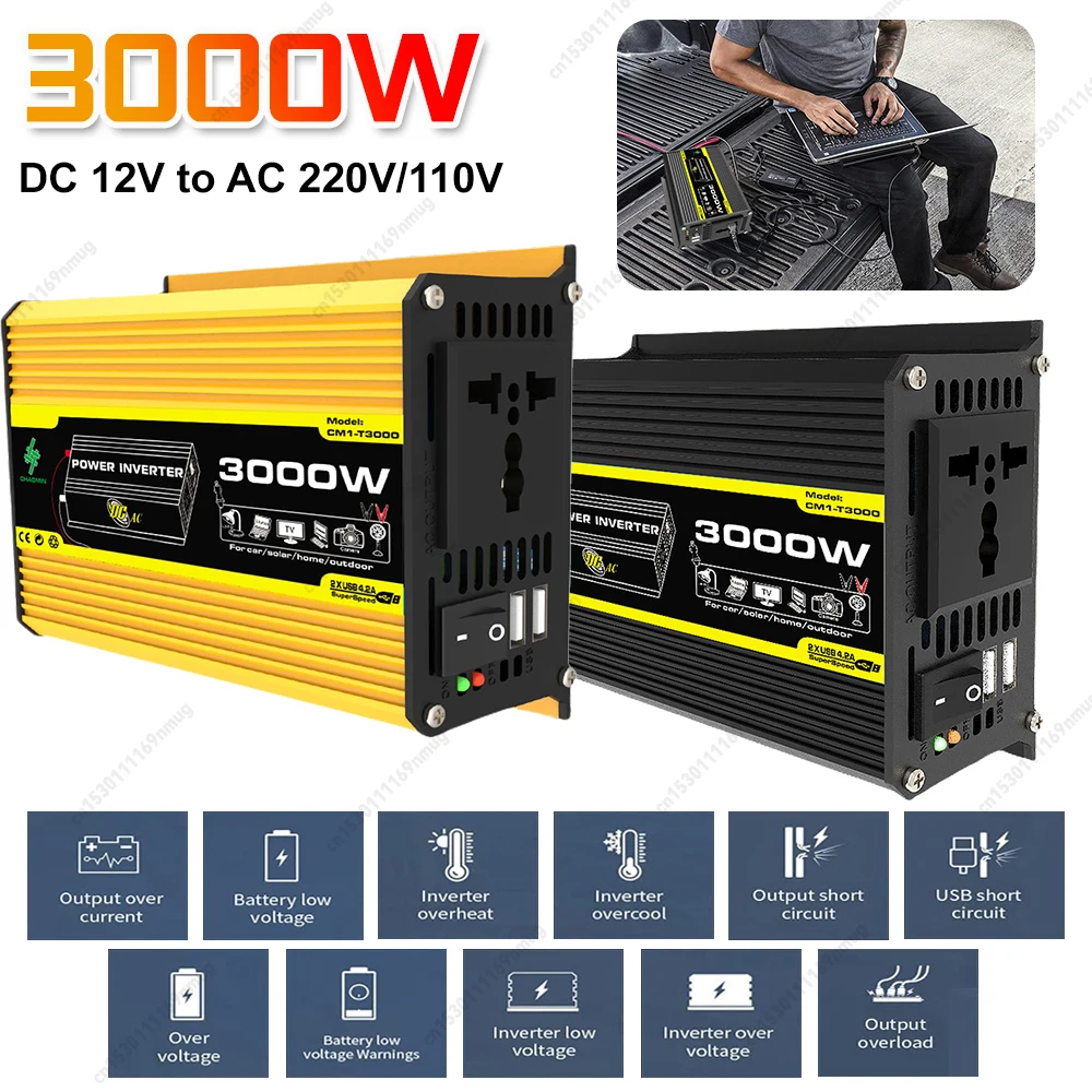 Modified Sine Wave Car Power Inverter 3000W Peak DC 12V to AC 110V 220V Dual USB 11 Safety Protections for RV Camping Travel