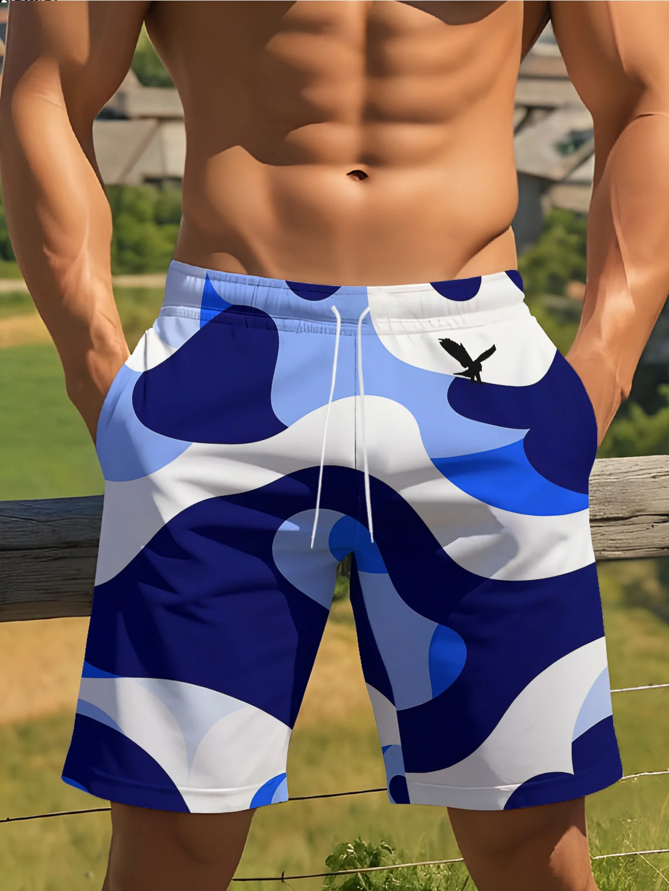 Mens Blue White Abstract Wave Print Quick Dry Drawstring Waist Beach Shorts Swim Trunks 2026