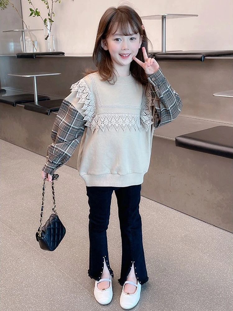 Spring Autumn Girls Lace Trim Sweatshirt Stylish Pullover Top Casual Kids Outerwear