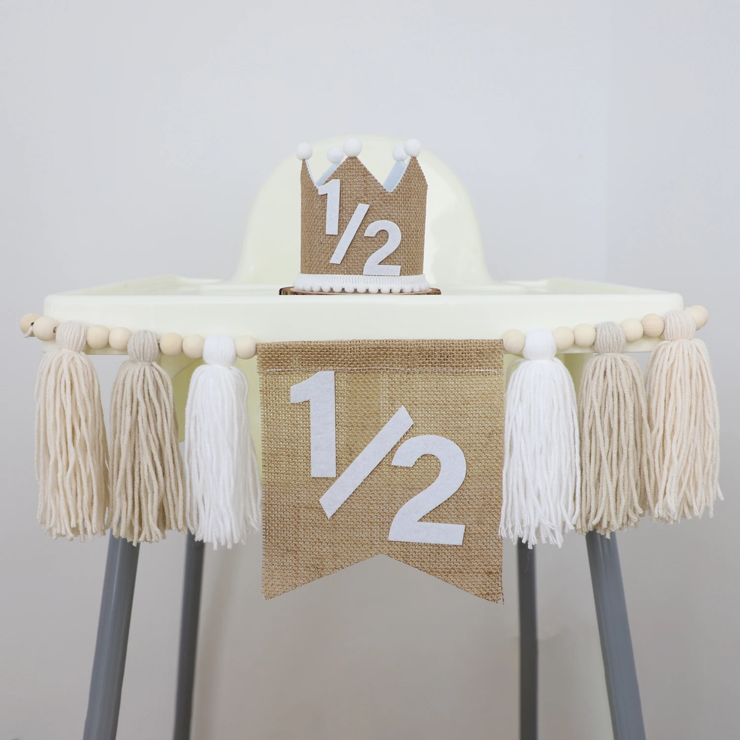 2pcs 1/2 Birthday Hat High Chair Banner Set Handmade Boho Wooden Bead Tassel 6 Months Garland Linen Hat Party Decoration