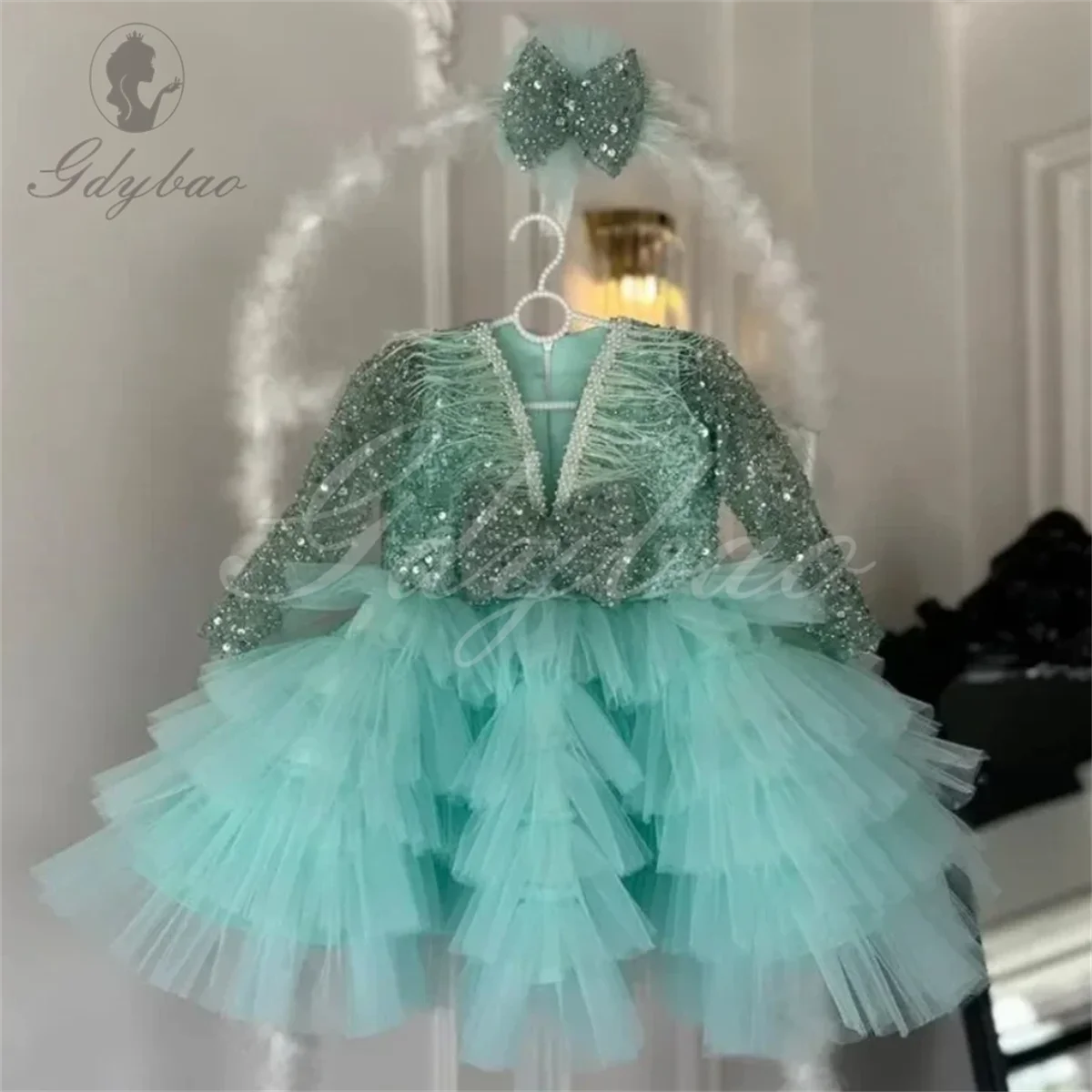 Long Sleeve Sequins Wedding Flower Girl Dresses  Sequins Bow Girls' Poncho Dress  Sisters baby Fashionable