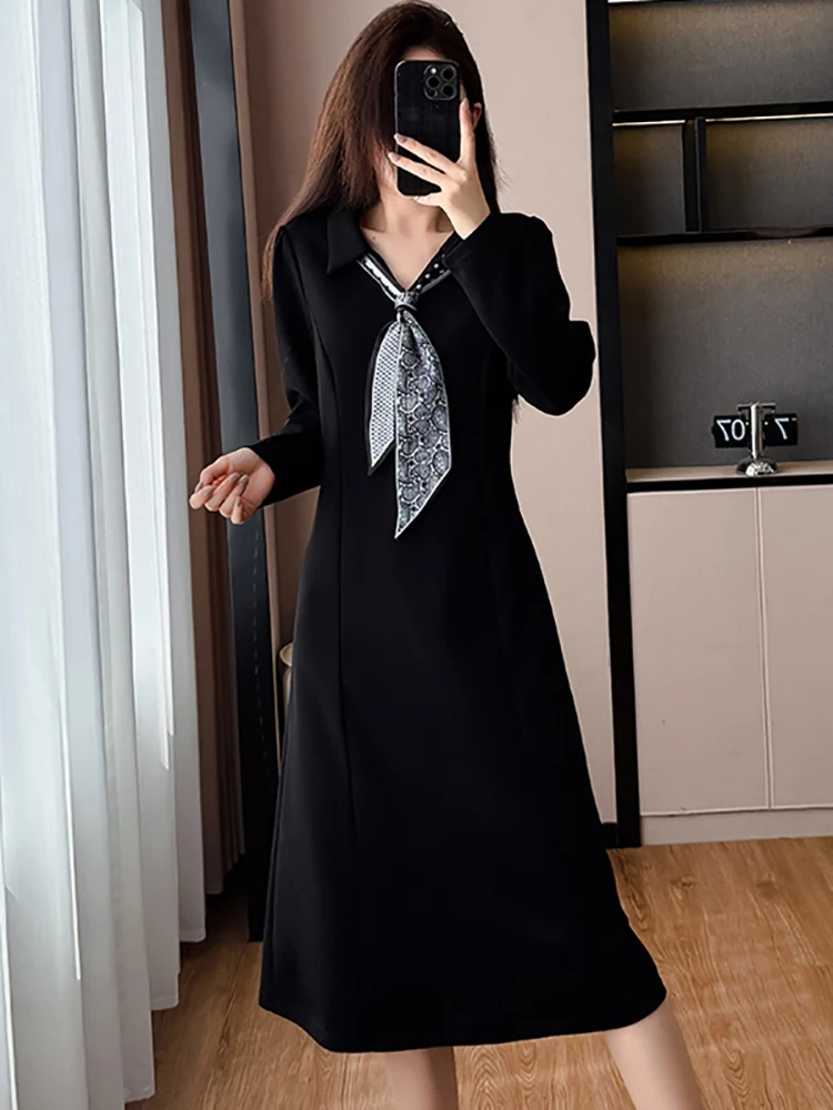 

Autumn Winter Black Long Sleeve Bow V-Neck Midi Dress Women Elegant Bodycon Office Lady Dress 2025 Korean Vintage Evening Dress