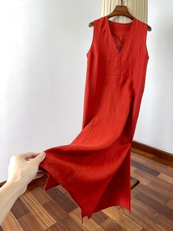 

Large Size Women's V-Neck Sleeveless Dress Breathable Summer Long Skirt Vintage Loose Fit High Waist A-Line Gown