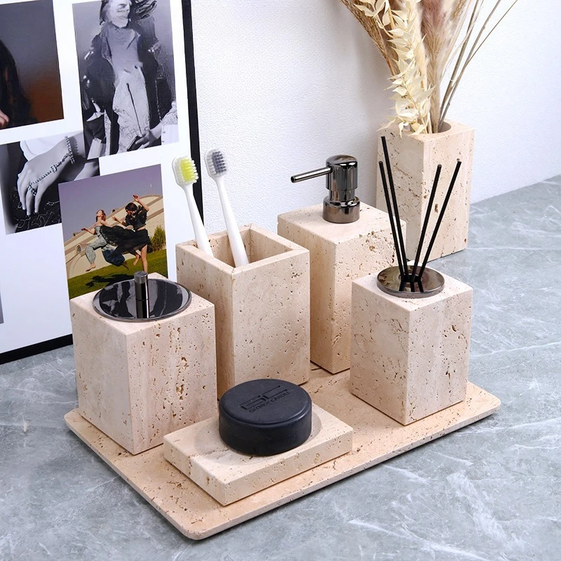 Natural Travertine Stone Bathroom Tray Set, Soap Dispenser & Tissue Holder Combo, Aesthetic Vanity Decor for Washroom
