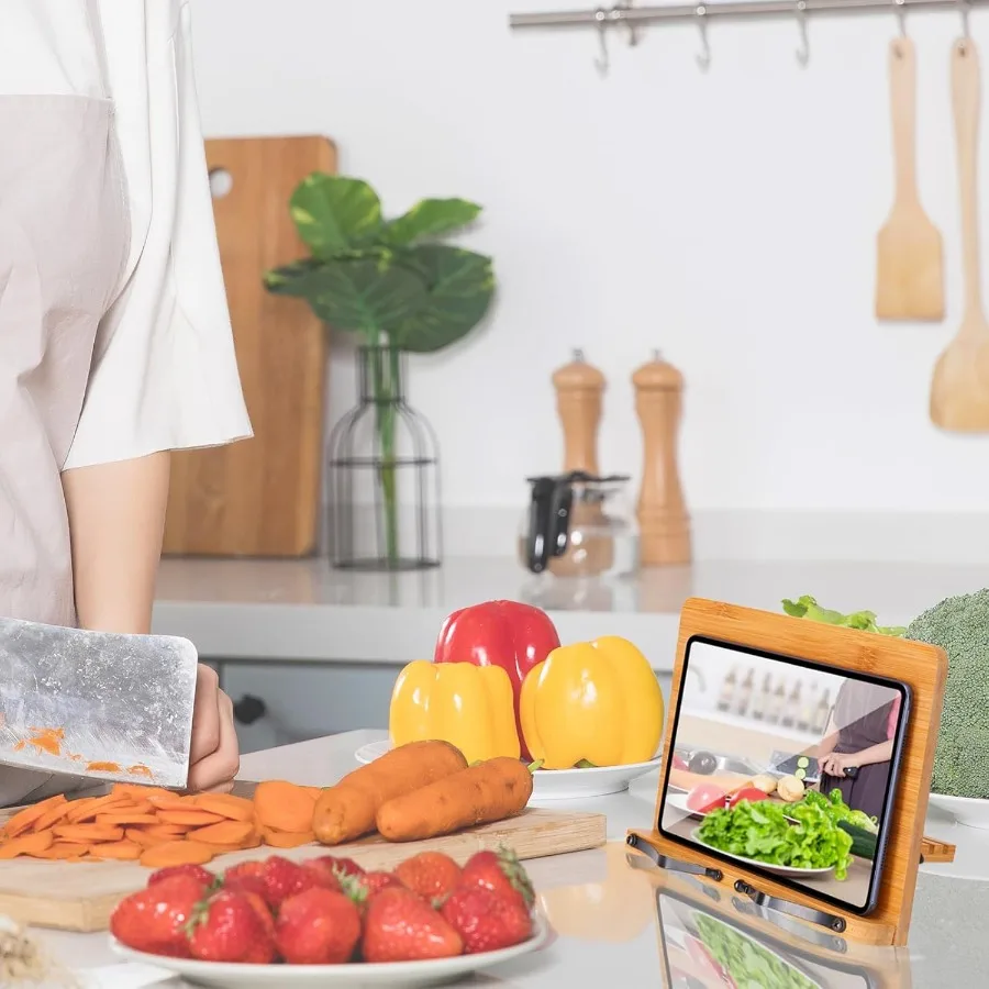 竹製ブックスタンド 11 x 8.0インチ 折りたたみ式クックブックホルダー 6段階高さ調整可能 レシピ、楽譜、テキスト用読書スタンド