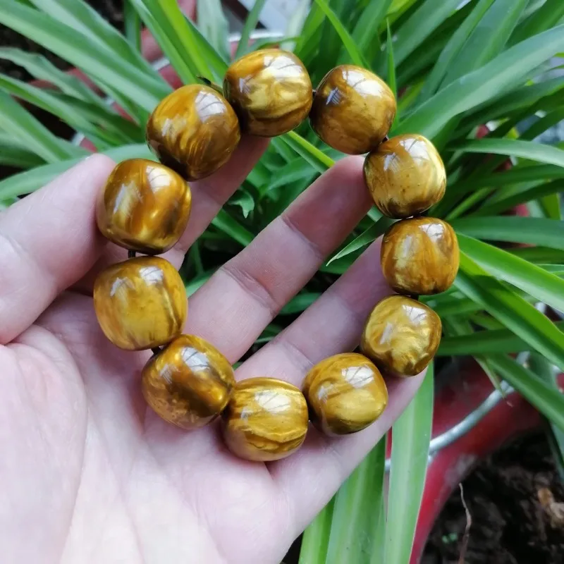 Oriental Unisex Retro Oval Barrel Beaded Bracelet Golden Yellow Swirl Pattern Beads Daily Wrist Accessory