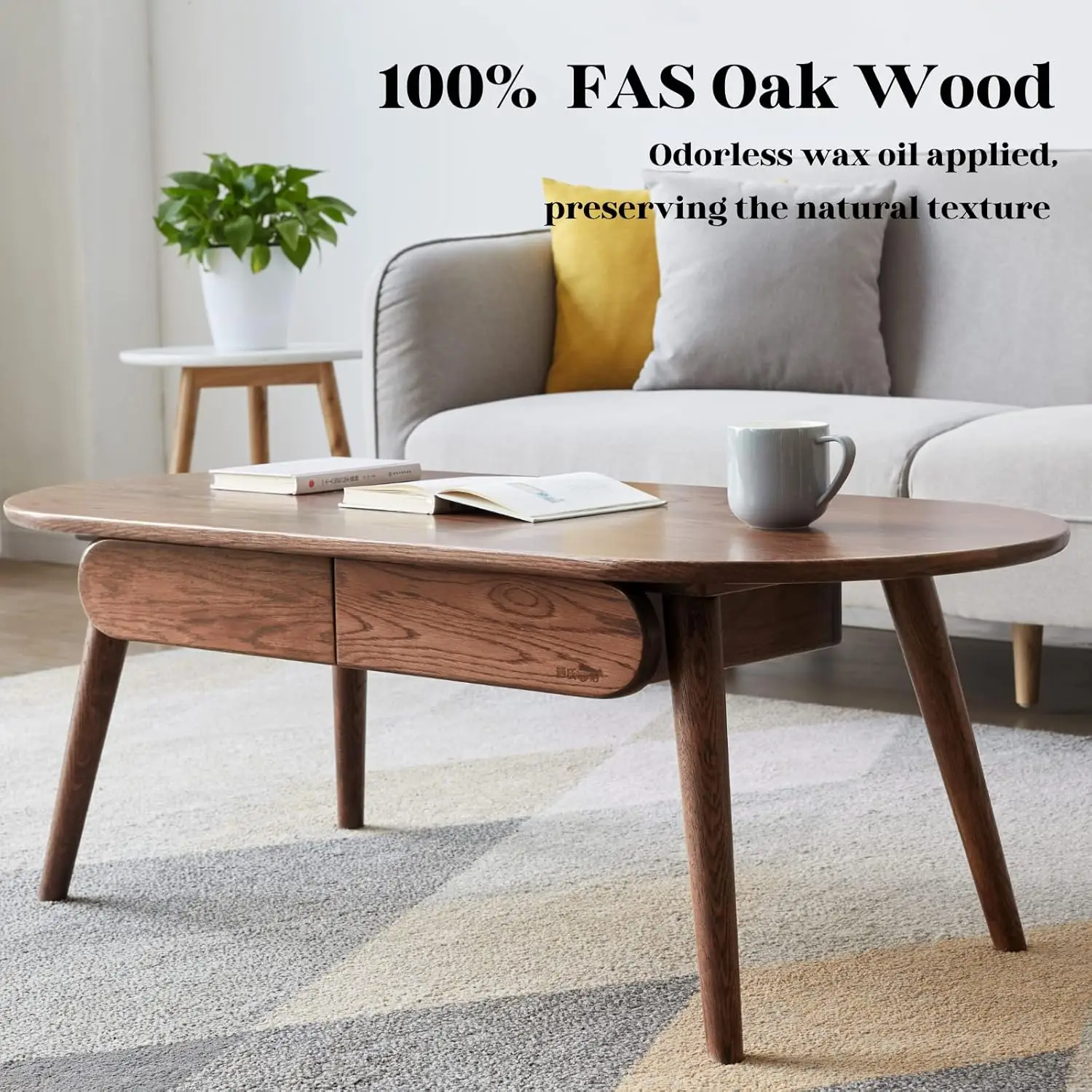 Mid Century Modern Oval Coffee Table With Storage - Simple Assembly (Walnut, 47.24"), Customized
