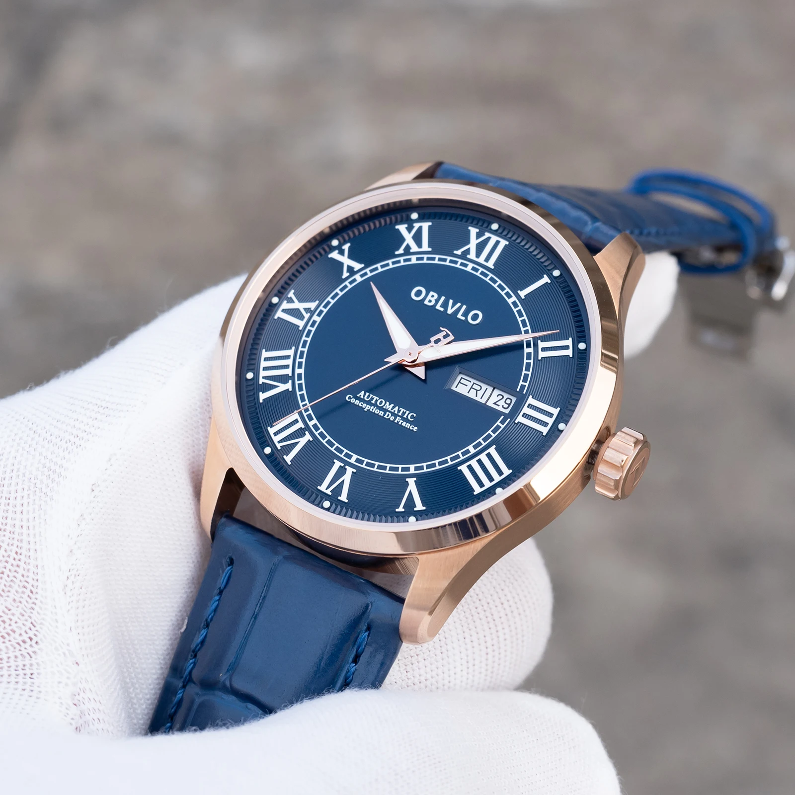 

OBLVLO Men's Rose Gold Blue Dial Automatic Watch with Day Date Calendar Feature Classic Leather Strap Casual Timepiece GC-SIM