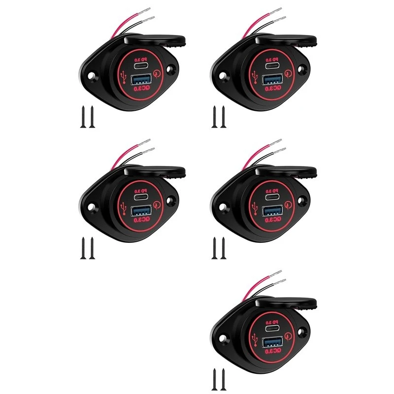 A48P-5X Modified Multifunctional Car Phone Charger Waterproof Car RV Yacht QC PD Dual QC3.0 USB Fast Charging,Red Display