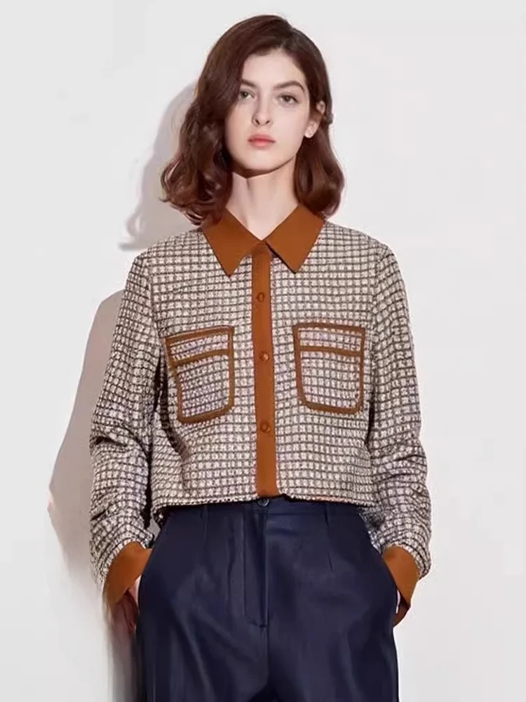 

Осенняя женская рубашка в клетку с длинным рукавом, на одной пуговице, с оригинальным дизайном, двойными карманами, модная, с защитой от солнца