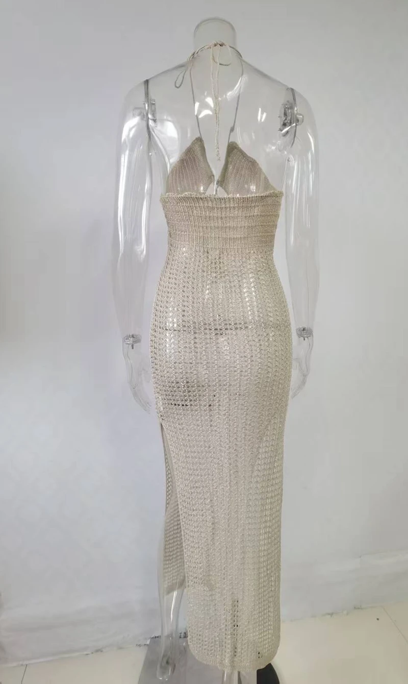 섹시한 홀터 비치 커버업, 사롱 수영복, 여름 비키니 커버업, 쉬어 크로셰 수영복, 니트 롱 원피스 클럽웨어