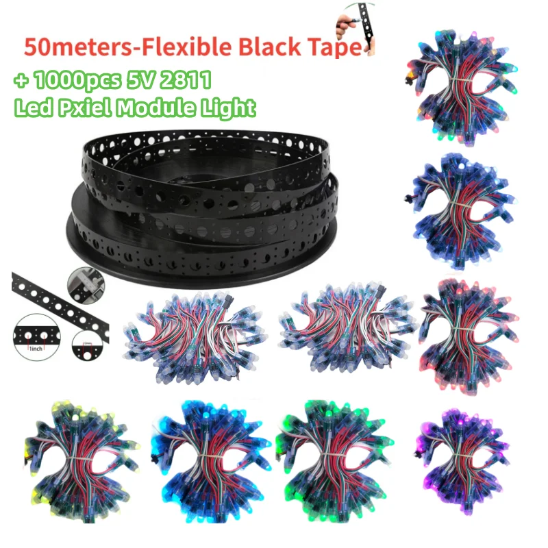 

1000pcs 12MM DC5V WS2811 Full Color Led Pixel Module Light and 50Meters Black Flexible Band Tape/Full Kit for Holiday Decoration