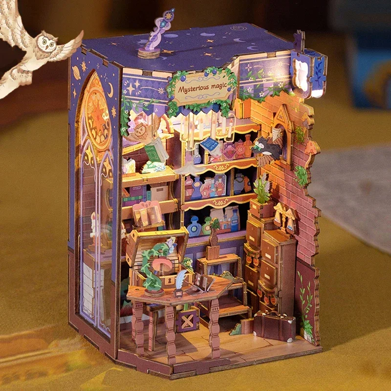 Miniature Model Kits Mysterious Magic House Bookend DIY Wooden Book Nook Shelf Insert Kit Bookshelf for Friends Birthday Gifts