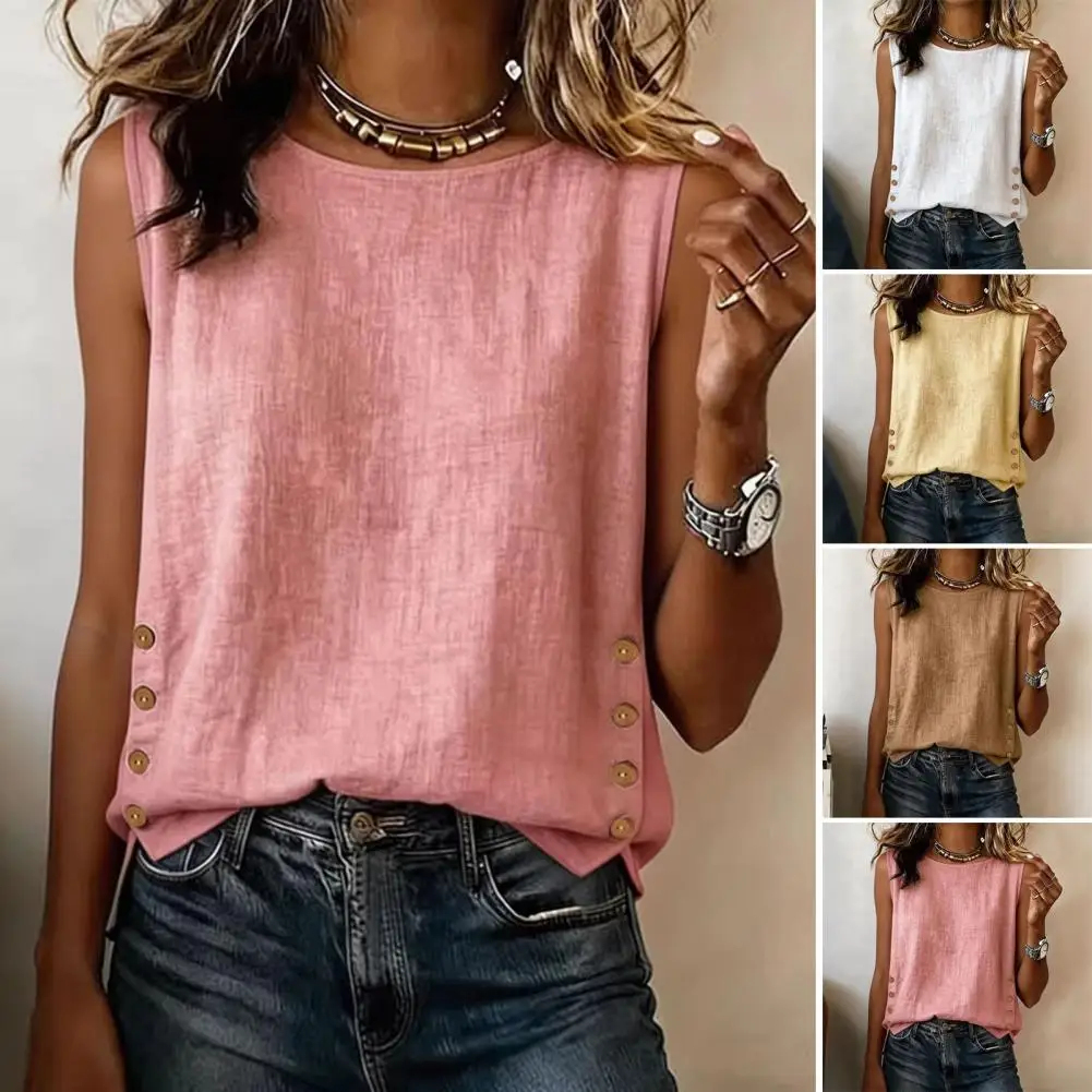 

Women's Sleeveless Vest Round Neck Side Button Decoration Casual Loose Solid White Summer Top Holiday Womens Clothing New 2026