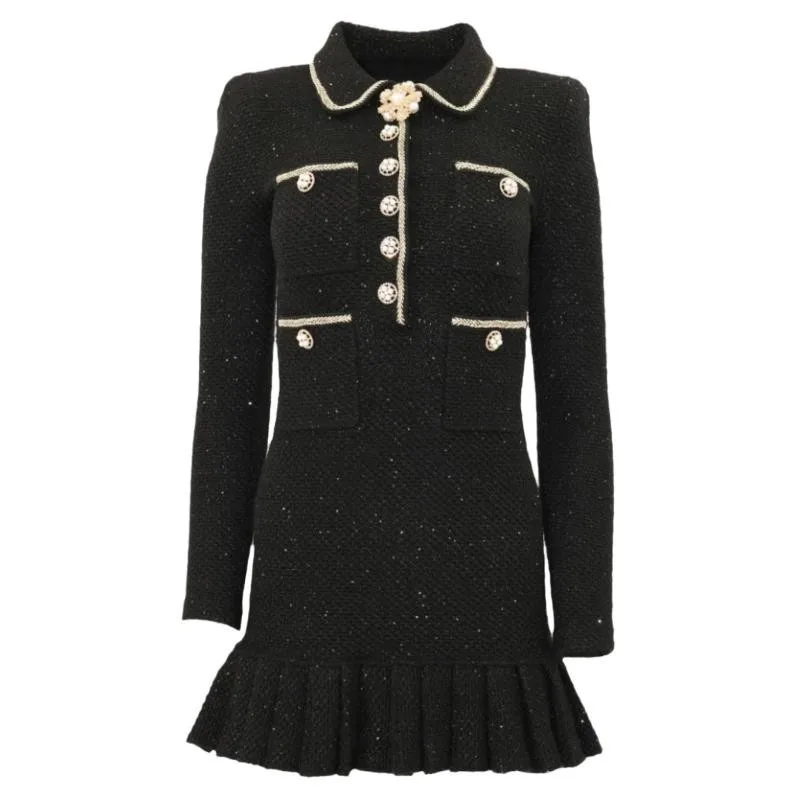 Brand Designer 2024 Autumn/Winter Black Button Knitted Dress Women Small Fragrant Style Long Sleeve Sweater Short Skirt Dresses