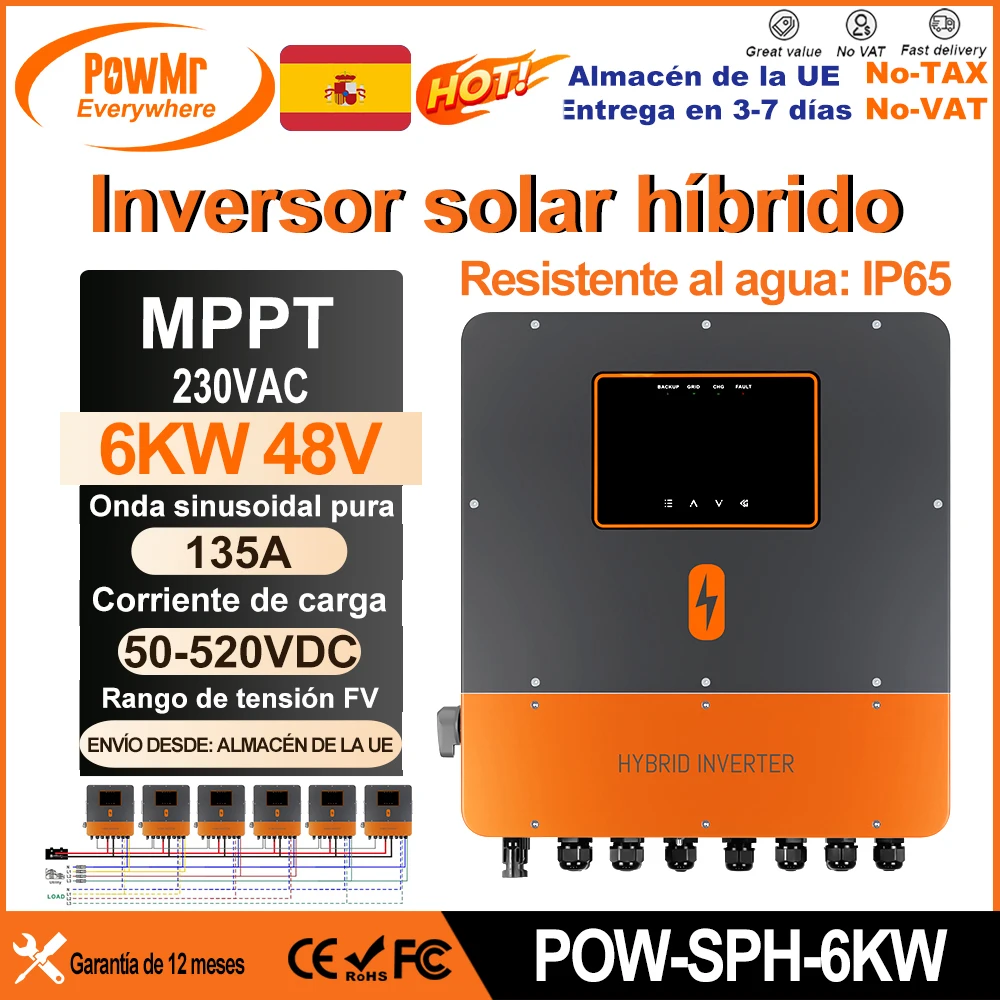 PowMr Inversores Soalr híbridos de flujo 6KW 48V modelo paralelo 220Vac con controlador de carga Solar MPPT 135A de… — oferta en AliExpress